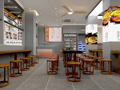 Modern Restaurant Interior With Wooden Stools Long Bar Counter Refrigerated Display Case And Menu Board 3d model