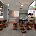 Modern Restaurant Interior With Wooden Stools Long Bar Counter Refrigerated Display Case And Menu Board