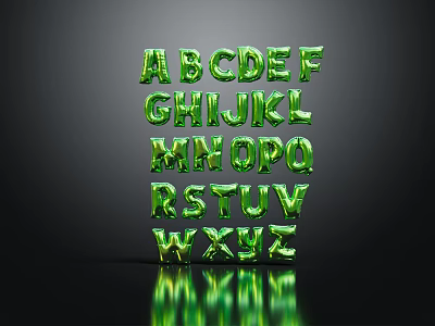 Green 3D Alphabet Letters Decorative Ornament Set Arranged with Shiny Finish on Dark Background 3d model
