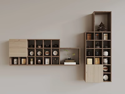 Elegant Traditional Bogu Shelf Design With Wall Mounted Compartments And Decorative Jars 3d model