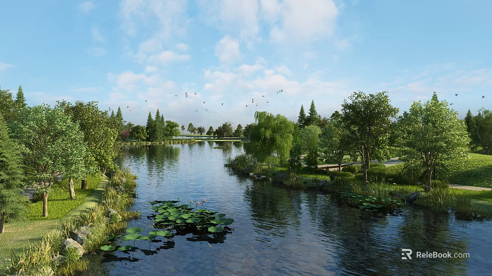 Beautiful Park Landscape with Serene River Lotus Leaves Green Trees and Flying Birds Under Blue Sky 3d model 