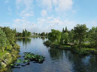 Beautiful Park Landscape with Serene River Lotus Leaves Green Trees and Flying Birds Under Blue Sky 3d model