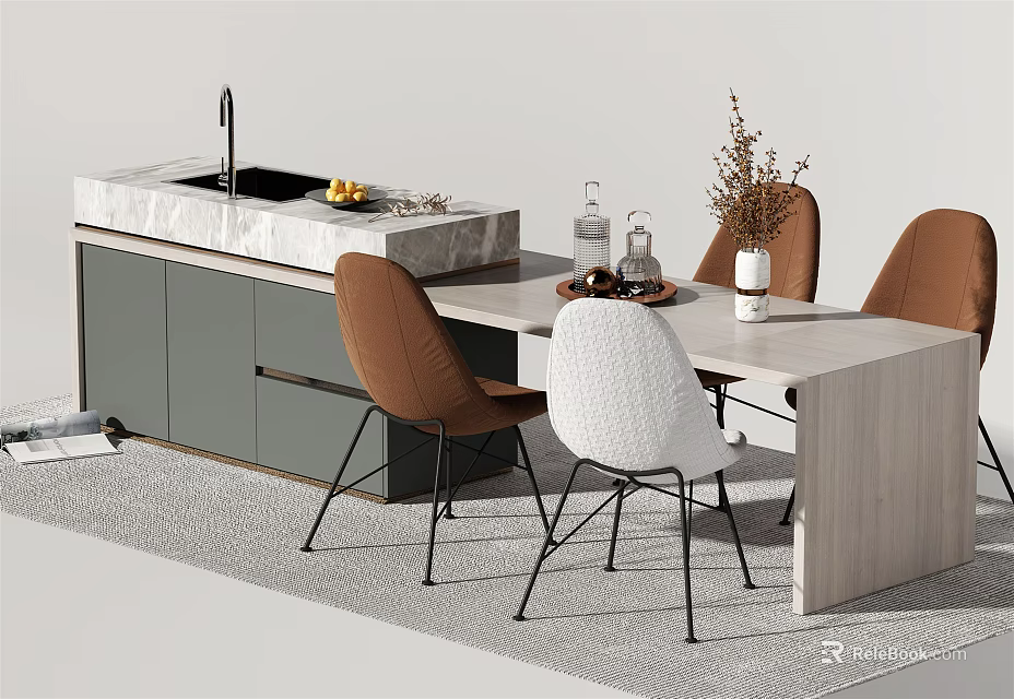 Modern Dining Table Set With White Brown Chairs And Marble Island Countertop 3d model 