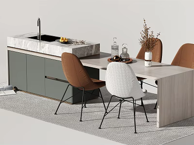 Modern Dining Table Set With White Brown Chairs And Marble Island Countertop 3d model
