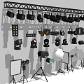 Projection Monitoring Equipment Setup With Cameras Projectors And Adjustable Stands In Studio