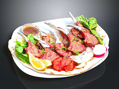 Grilled Lamb Chops With Fresh Lettuce Lemon Slice Tomato And Sauce On Plate 3d model