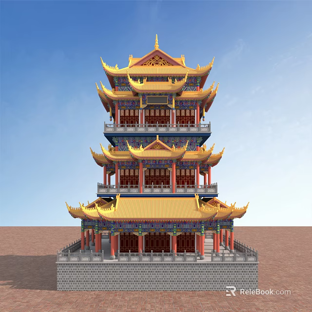 Traditional Chinese Ancient Architecture Multi Story Tower With Golden Roofs Red Pillars And Ornate Eaves 3d model 