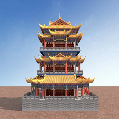 Traditional Chinese Ancient Architecture Multi Story Tower With Golden Roofs Red Pillars And Ornate Eaves 3d model