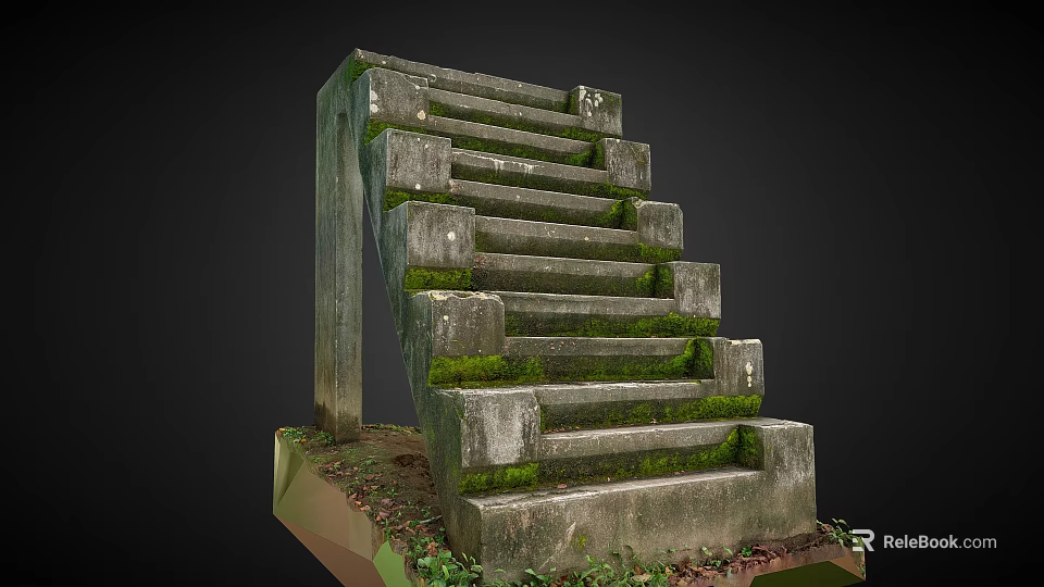 Stone And Wood Staircase Structure With Moss Covered Steps And Natural Texture 3d model