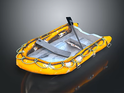 Yellow Inflatable Boat with Gray Floor Black Oar and Yellow Buoyant Rings 3d model