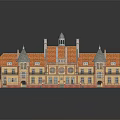 Cartoon Style 3D Model House with Orange Roof Multiple Spires Towers Windows and Entrance Plaza