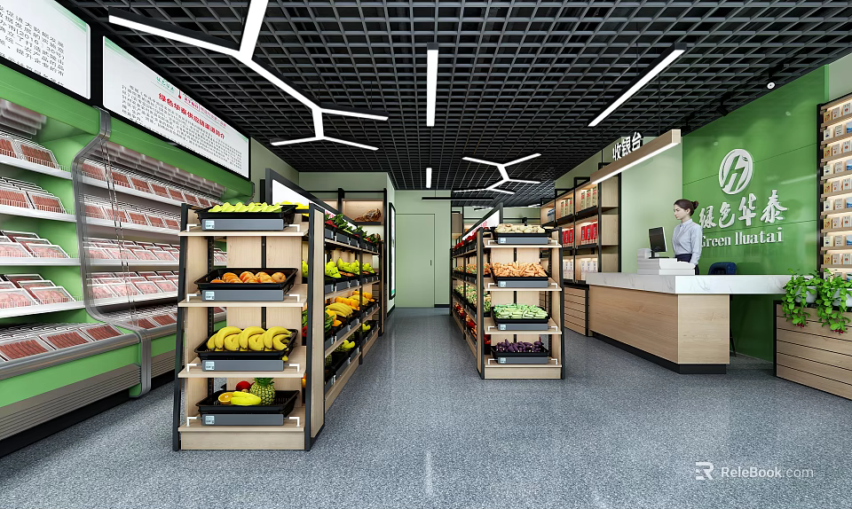 Modern Fruit Store Interior With Fresh Yellow And Green Fruits On Shelves And Checkout Counter 3d model 