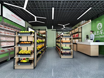 Modern Fruit Store Interior With Fresh Yellow And Green Fruits On Shelves And Checkout Counter 3d model