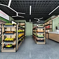 Modern Fruit Store Interior With Fresh Yellow And Green Fruits On Shelves And Checkout Counter