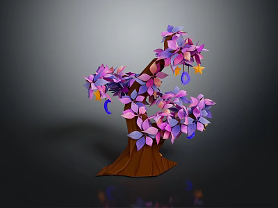 Cartoon Style Tree With Brown Trunk Purple Pink Flowers And Colorful Decorations 3d model