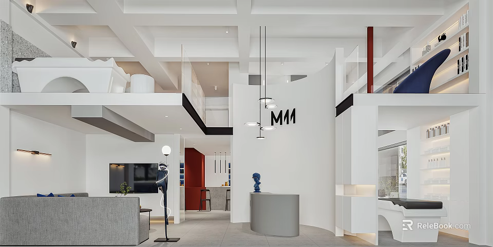 Modern Beauty Hair Salon Interior Design With Stylish Reception Counter And Lighting 3d model 