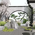 Traditional Chinese Scenic Wall Featuring Circular Archway Cherry Blossom Tree Bamboo Rocks And Stone Lantern