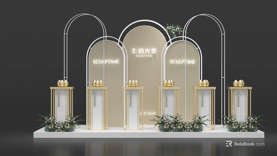 Modern Luxury Floral Installation With Golden Arches White Columns And Floral Decorations 3d model 