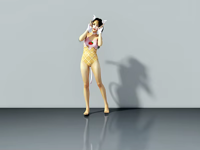 Woman Wearing Yellow Checkered Swimsuit With Cat Ear Headband On Gray Background 3d model