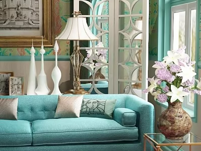 Turquoise Two Seater Sofa In Living Room With Decorative Pillows Lamp And Flowers 3d model