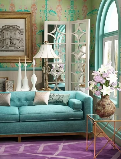 Turquoise Two Seater Sofa In Living Room With Decorative Pillows Lamp And Flowers 3d model