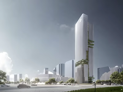 Modern Office Building With Glass Curtain Wall And Vertical Greenery In Urban Area 3d model