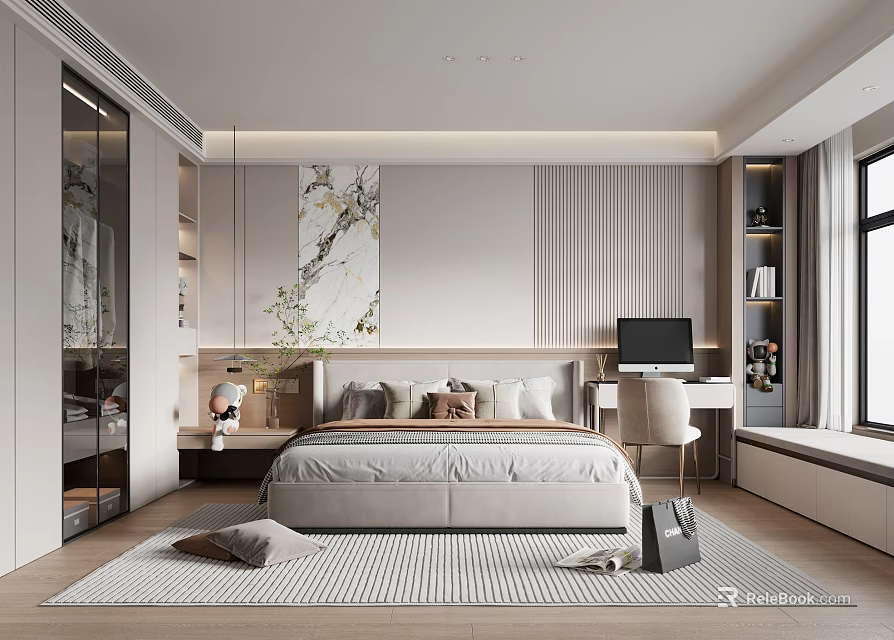 Modern Bedroom Interior Design With Comfortable Bed Decorative Artwork Desk Computer And Soft Rug 3d model 