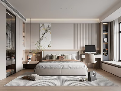 Modern Bedroom Interior Design With Comfortable Bed Decorative Artwork Desk Computer And Soft Rug 3d model