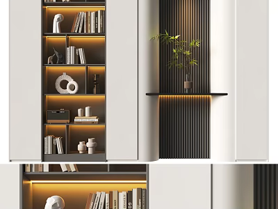 Modern Bookshelf Interior Design With LED Lighting Open Shelves Books Decorative Sculptures And Potted Plant 3d model