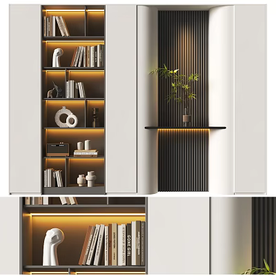 Modern Bookshelf Interior Design With LED Lighting Open Shelves Books Decorative Sculptures And Potted Plant 3d model