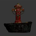 Red Fire Hydrant On Black Stone Base With Yellow Warning Stripes