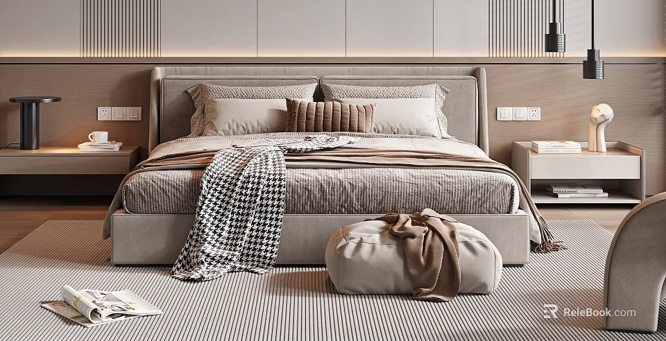 Modern Double Bed Interior With Upholstered Headboard Soft Pillows And Cozy Ottoman 3d model 