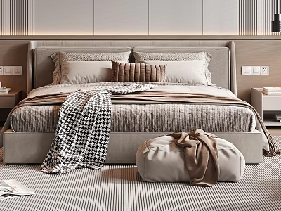Modern Double Bed Interior With Upholstered Headboard Soft Pillows And Cozy Ottoman 3d model