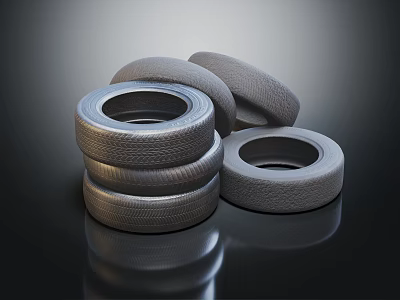 Stacked Car Tires Display With Shiny Surface And Textured Design Details 3d model