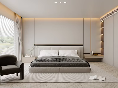 Modern Minimalist Bedroom Interior With Bed Armchair Window Herringbone Floor And Ambient Lighting 3d model
