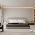 Modern Minimalist Bedroom Interior With Bed Armchair Window Herringbone Floor And Ambient Lighting