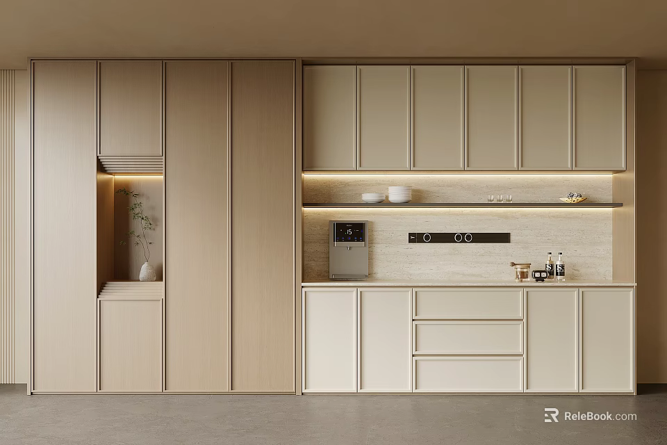 Modern Kitchen Interior Design With Light Colored Cabinets Countertop And Decor Items 3d model