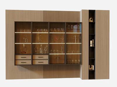 Modern Wooden Wine Cabinet Interior With Glass Shelves Wine Glasses Bottles And Drawers 3d model