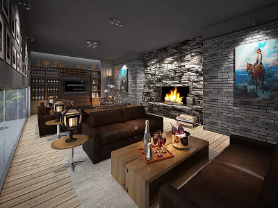 Stylish Bar Area Interior With Leather Sofa Stone Fireplace Wine Cabinet And Wooden Flooring 3d model
