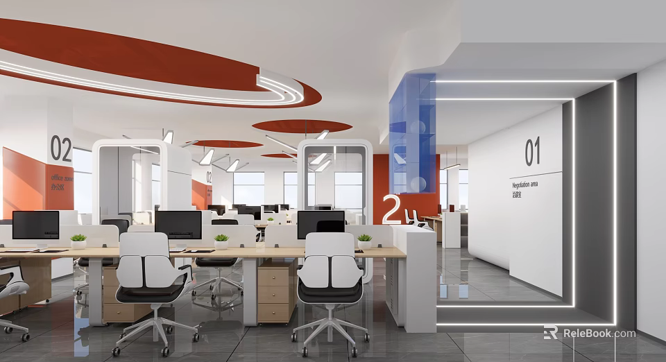 Modern Open-Plan Public Office Area Featuring Orange Ceiling White Partitions Workstations Green Plants Zone 01 3d model 