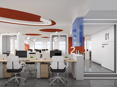 Modern Open-Plan Public Office Area Featuring Orange Ceiling White Partitions Workstations Green Plants Zone 01 3d model