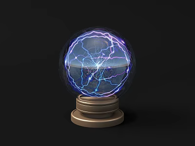 Decorative Plasma Ball Ornament Set With Blue Lightning Patterns And Golden Base For Home Decor 3d model