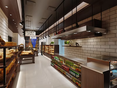 Cozy Dessert Shop Interior With Open Display Shelves Fresh Bakery Goods And Glass Cases 3d model