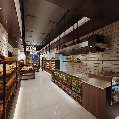 Cozy Dessert Shop Interior With Open Display Shelves Fresh Bakery Goods And Glass Cases 3d model