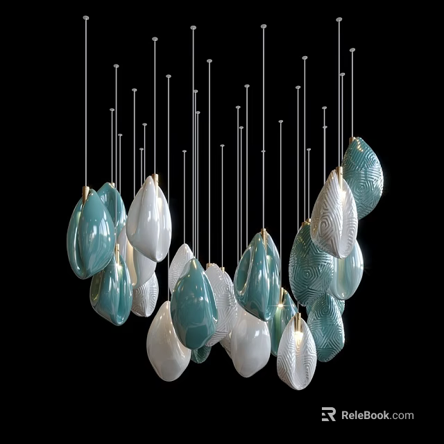 Modern Artistic Chandelier Featuring Turquoise And White Leaf Shaped Hanging Pendants 3d model 