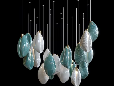 Modern Artistic Chandelier Featuring Turquoise And White Leaf Shaped Hanging Pendants 3d model