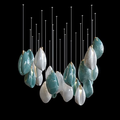 Modern Artistic Chandelier Featuring Turquoise And White Leaf Shaped Hanging Pendants 3d model