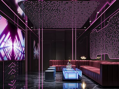 Modern KTV Lounge Interior With Purple Neon Lights Leather Sofas And Decorative Ceiling Design 3d model
