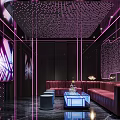 Modern KTV Lounge Interior With Purple Neon Lights Leather Sofas And Decorative Ceiling Design