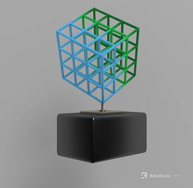 Geometric Decorative Ornament Set with Blue Green Frame and Black Cube Base 3d model 